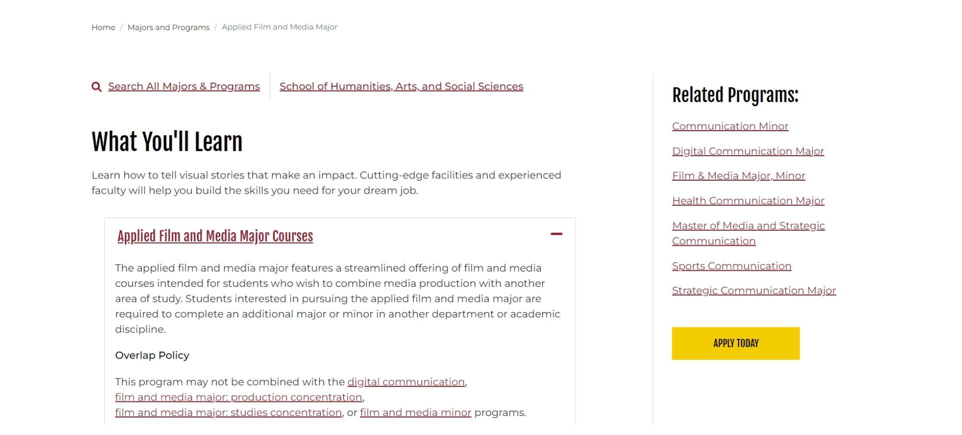 Calvin University applied film and media majors page