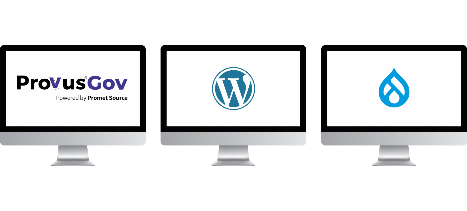 Provus® Gov, WordPress, and Drupal logos