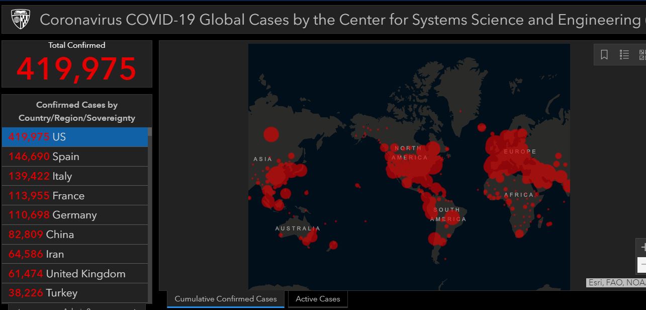 A screen shot of the Johns Hopkins University Covid-19 Map