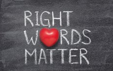 A blackboard with the words "Right Words Matter" written in chalk