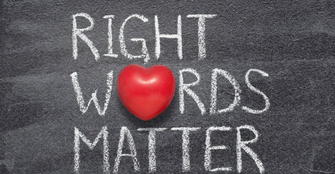 A blackboard with the words "Right Words Matter" written in chalk