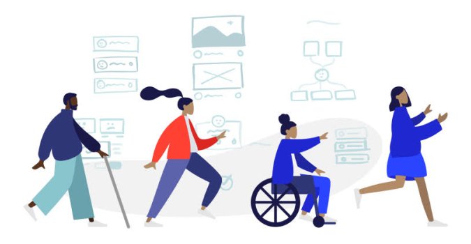 Four figures representing disabilities, proceeding in a row with website wireframes in the background.