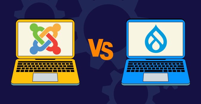 Drupal vs Joomla logos on laptops