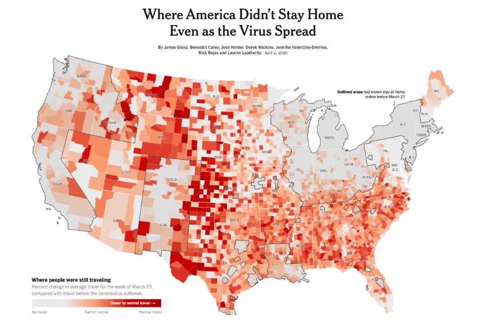 A screen shot from a New York Times online article of a county-by-county map of the U.S. and movement over a weekend based on cell phone data.