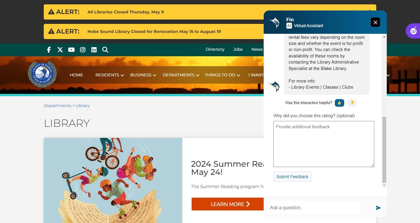 Martin County Library System AI Chatbot feedback mechanism